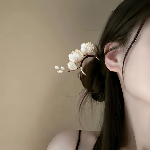 玉兰花苞发簪新中式金属U型簪子温柔气质古风发钗汉服旗袍盘发饰 - 图1