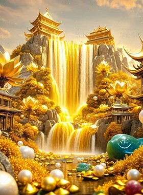 日照金山流水生财招财进宝玄关自粘装饰画室内客厅办公室走廊墙贴