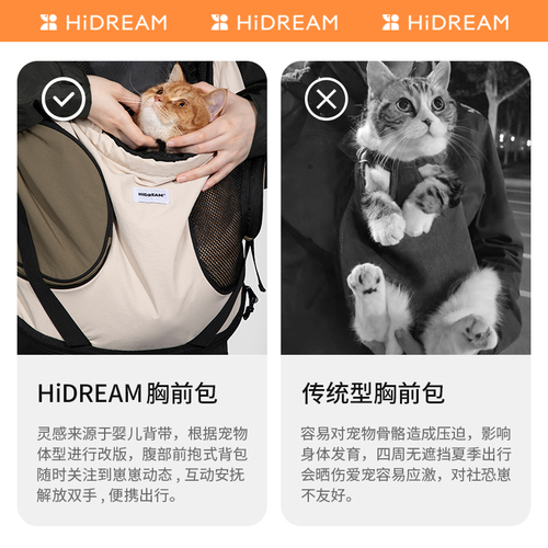 HiDREAM猫背包宠物外出托特前置透气帆布猫包出门猫洗澡便携双肩