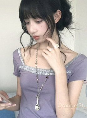 银色勺子花朵浮雕串珠项链