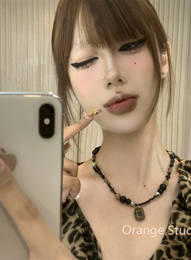 复古小众虎眼石天然石串珠项链