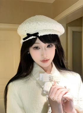 蝴蝶结羊羔毛绒贝雷帽