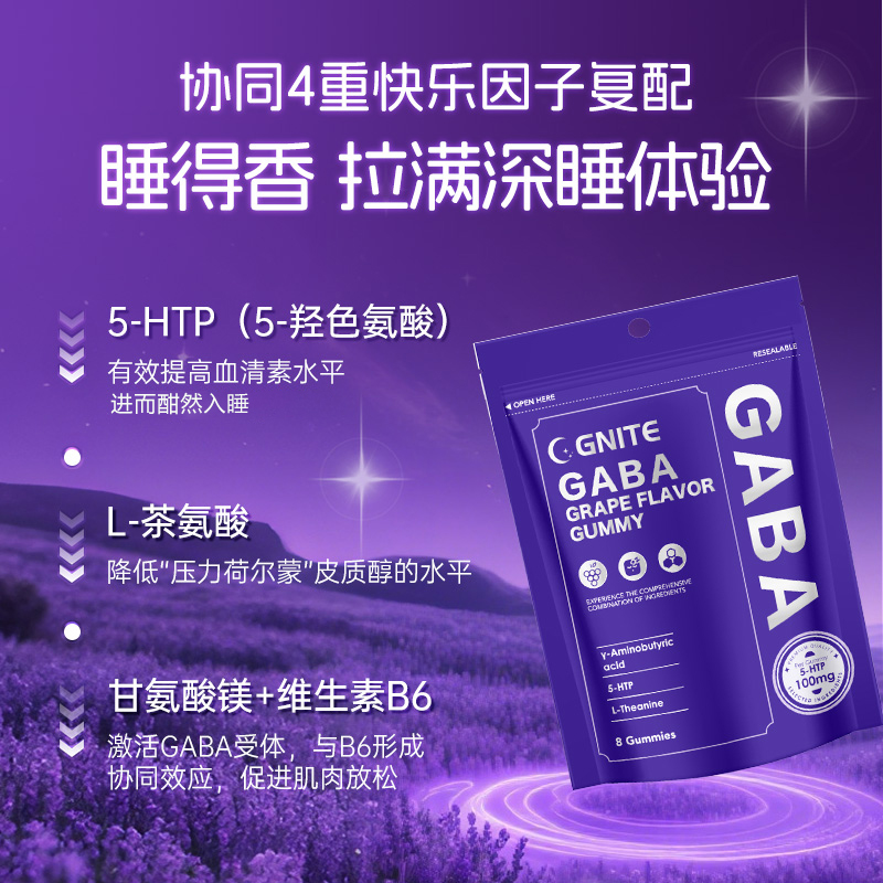 GNITEGABA睡眠软糖pro8粒装褪黑素美国进口GABA氨基丁酸8粒/袋 - 图2