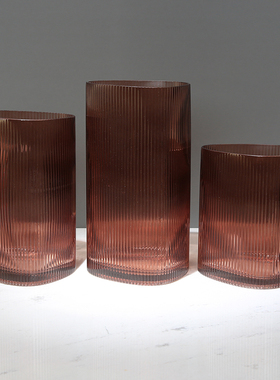 不规则竖条纹玻璃可水培花瓶咖色客厅餐桌插花花器样板间装饰摆件