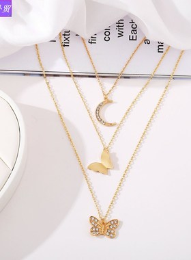 Butterfly three layer pendant necklace for women simple