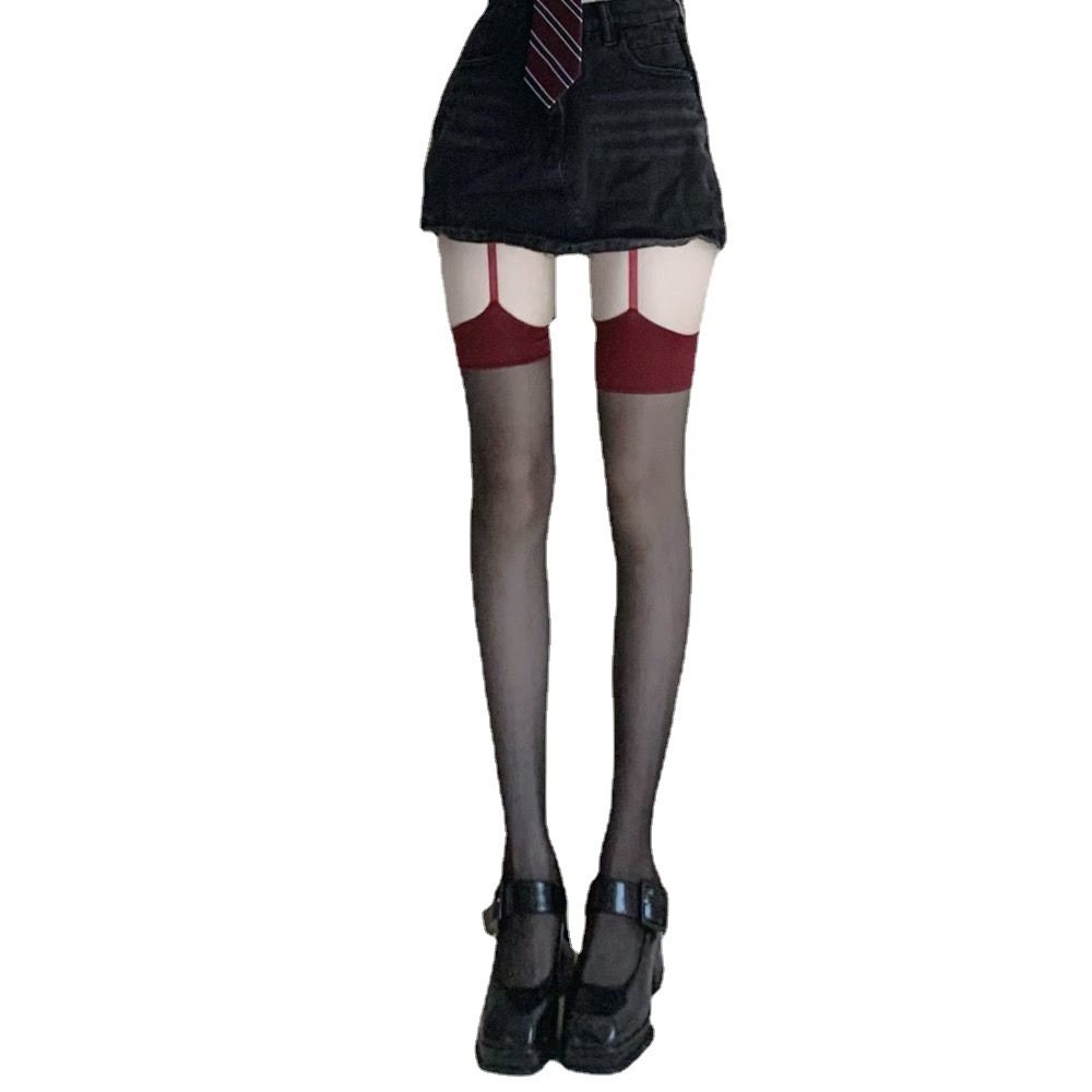 一体式红边吊带黑丝袜红黑撞色性感辣妹打底袜性感诱惑长筒黑丝,淘宝优惠券,粉丝福利购,淘宝优惠卷