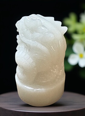 天然玉石白玉龙头印章摆件