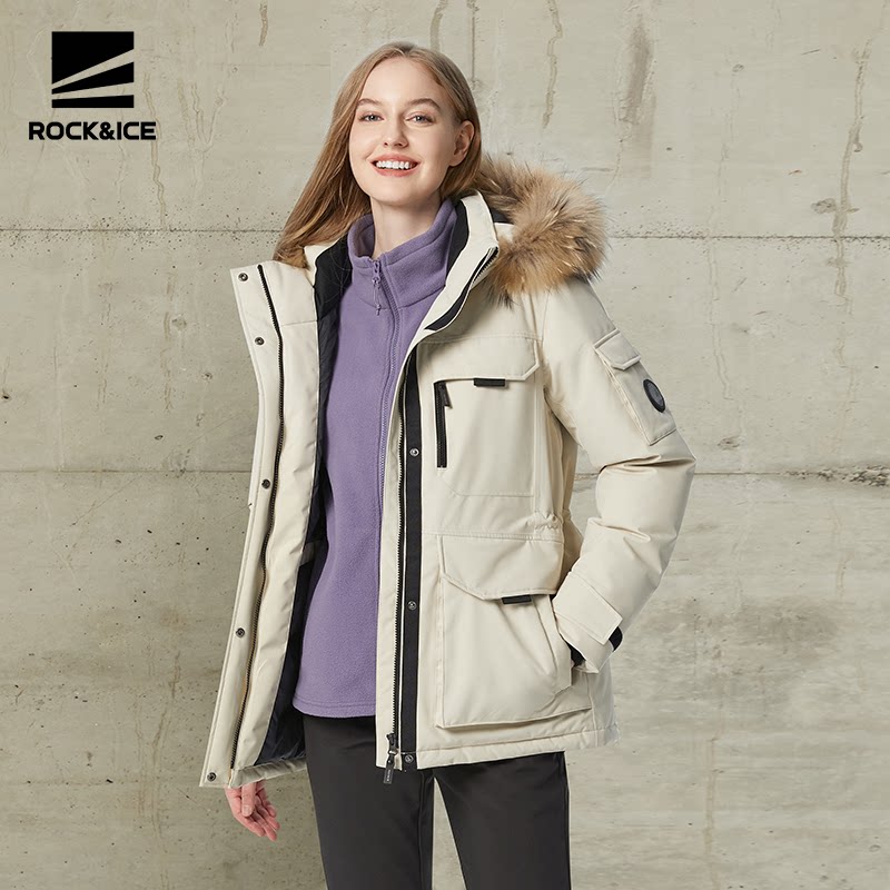 ROCKICE鹅绒羽绒服女冬季中长款保暖毛领派克服户外防风工装外套