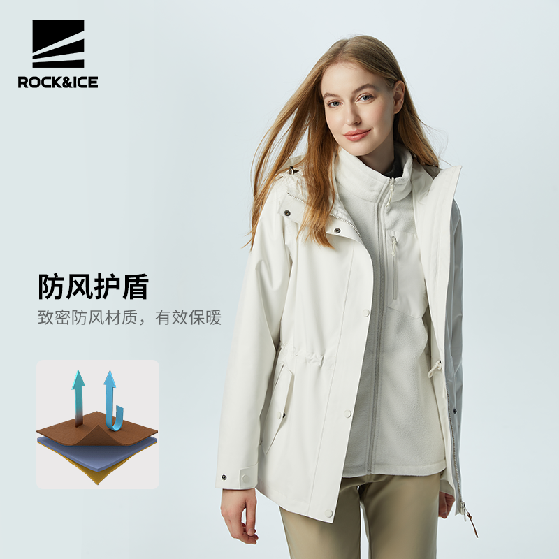 ROCKICE冲锋衣女款三合一户外防风防水风衣外套加绒保暖登山服 - 图1