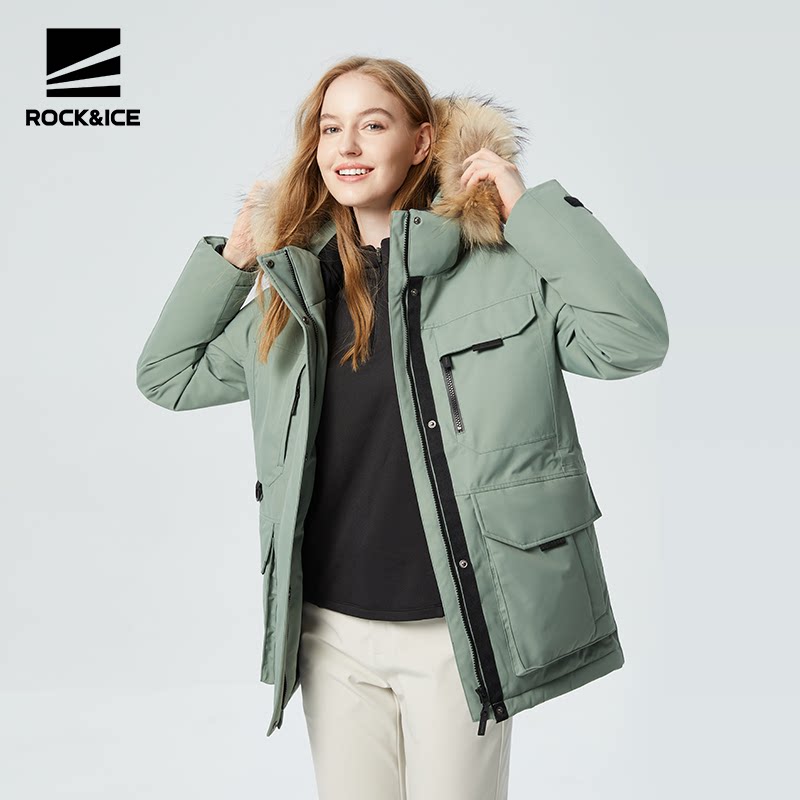 ROCKICE鹅绒羽绒服女冬季中长款保暖毛领派克服户外防风工装外套