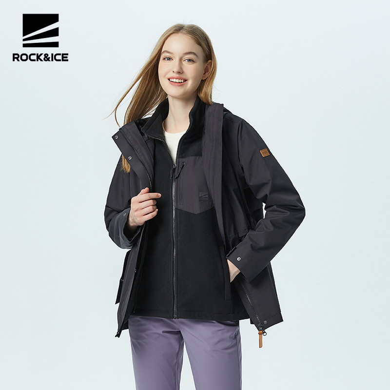 ROCKICE冲锋衣女款三合一户外防风防水风衣外套加绒保暖登山服 - 图3
