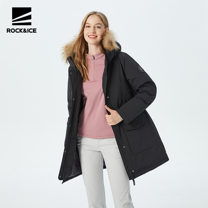 ROCKICE户外工装羽绒服女新款加厚保暖防寒服中长款收腰派克服
