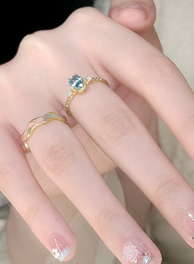 中古镶钻海蓝宝石戒指女小众指环镶嵌锆石欧式时尚轻奢清冷感手饰