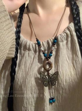 波西米亚复古蝴蝶长款项链女古风民族风毛衣链冬天配毛衣的配饰品