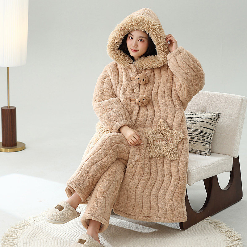 睡袍女冬季珊瑚绒睡衣保暖三层夹棉加绒加厚长款可外穿家居服套装,淘宝优惠券,粉丝福利购,淘宝优惠卷
