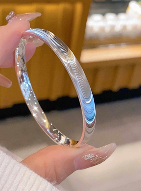 幂琳猫眼银手镯女纯银9999足银拉丝闭口实心银镯子小众设新款蝴蝶