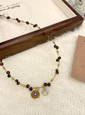 拉德虎眼石串珠八芒星圆盘项链2025新款毛衣高级感轻奢小众