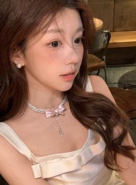 超仙闪锆爱心蝴蝶结流苏珍珠公主项链女生日宴会礼服锁骨链choker