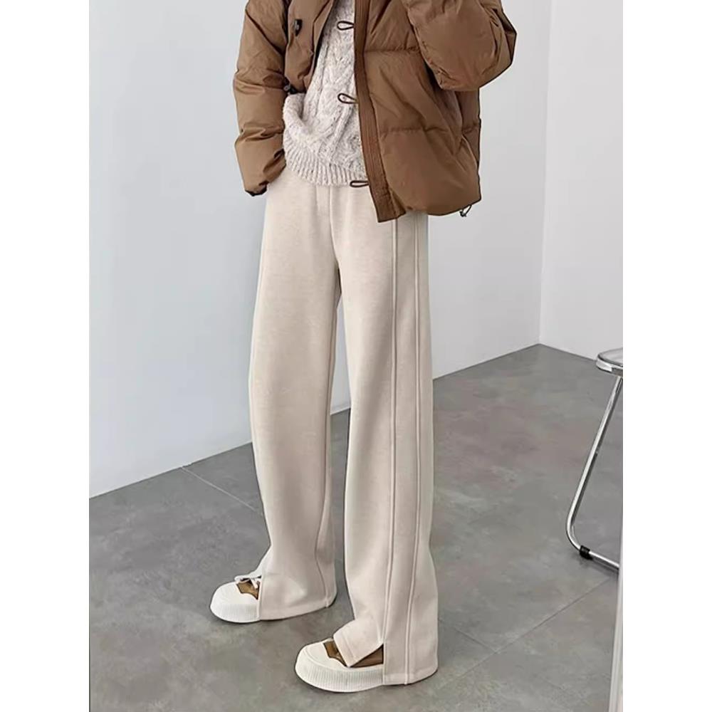 加厚加绒毛呢裤子女秋冬季2025新款窄版直筒醋酸阔腿裤大码小个子 - 图0
