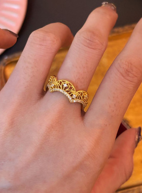 南洋千金花丝蕾丝点钻戒指女精致小皇冠高级感气质百搭老钱风指环