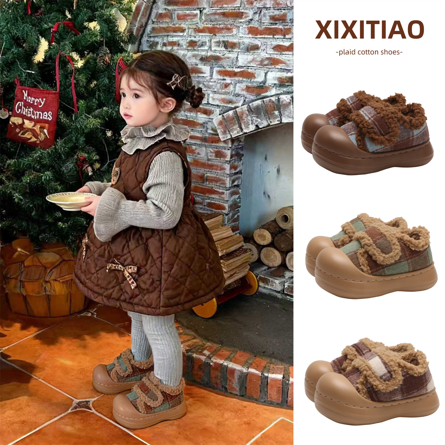 细细条休闲女毛毛鞋新款厚底防滑复古撞色格子魔术贴学生棉鞋冬季,淘宝优惠券,粉丝福利购,淘宝优惠卷