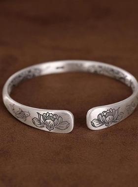 镀999足银莲花鱼禅意手镯送妈妈老人开口纯银复古做旧佛系银镯子