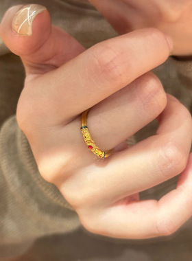 新中式古法精致复古金色珐琅花丝雕纹戒指女轻奢高级感可调节指环