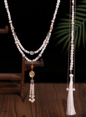 新中式古风璎珞背云流苏项链白色汉服马面裙配饰国风长款软璎珞