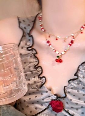 多巴胺彩色樱桃串珠项链女2025新款爆款甜美锁骨链choker撞色颈链