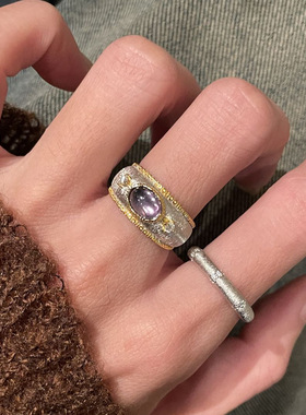 小红书同款银色拉丝紫气东来戒指古法重工轻奢复古点钻高级感手饰