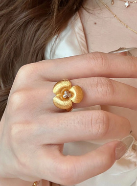 中古金色花朵戒指女小众设计感