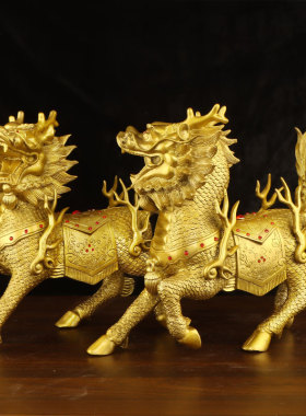 威武黄铜火麒麟手工招财摆件
