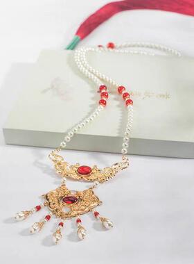 汉服长璎珞背云流苏平安锁项链小众气质个性黄色晚明风宫廷配饰女