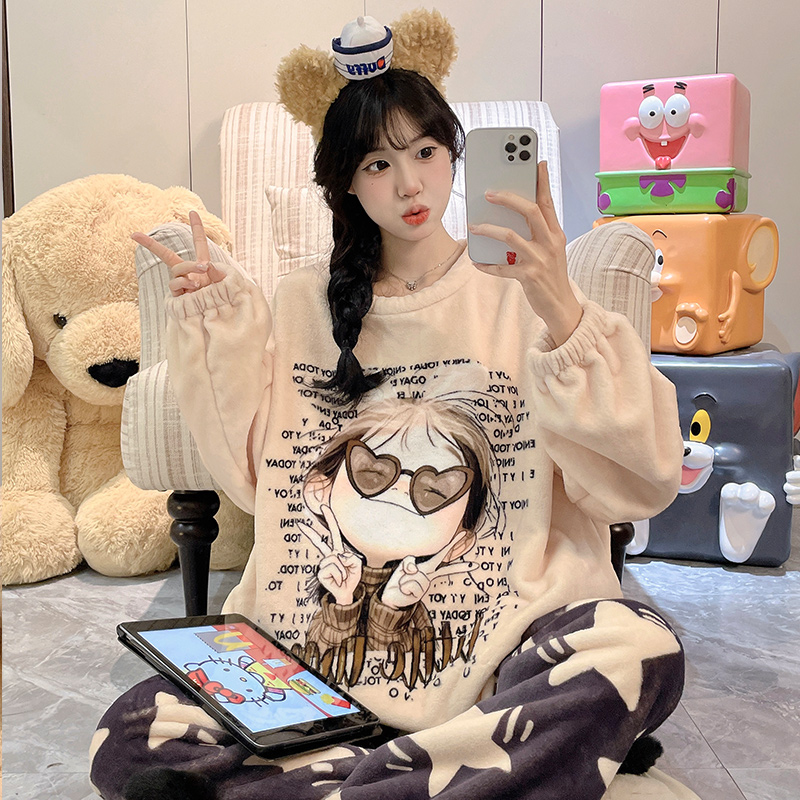 睡衣冬季女款加绒加厚珊瑚绒少女生保暖法兰绒家居服套装外穿可爱 - 图0