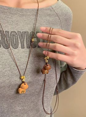 中式马上有钱木质吊坠项链吊坠长复古款项链女款毛衣配饰