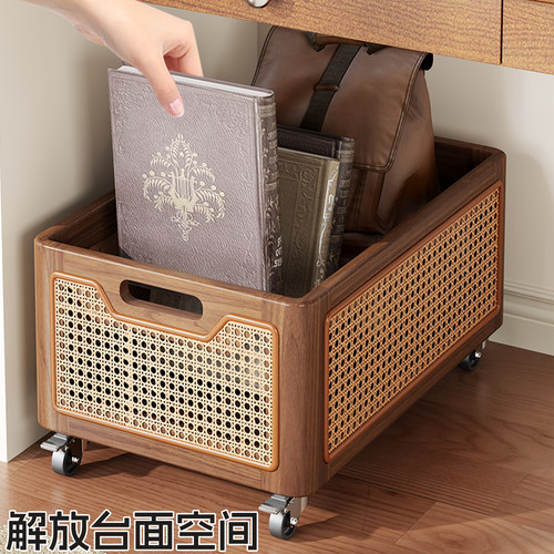 书本收纳箱带轮学生教室桌边书箱桌下书架书包置物架可移动小推车 - 图1