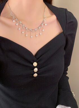 绝美必戴法式串珠镂空流苏项链蕾丝小众精致轻奢气质高级锁骨