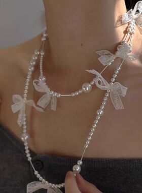 织雾系列 原创设计法式蕾丝蝴蝶结珍珠进口法蕾叠搭项链