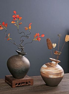 粗陶日式花器复古摆件桌面禅意花瓶房间客厅房间柜工艺品装饰花艺