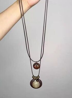 “日月”中古vintage芒星编绳项链可调节百搭早秋毛衣链羽毛双层