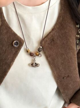 美拉德虎眼石烟花串珠项链女款轻奢高级感气质毛衣链百搭配饰爱心