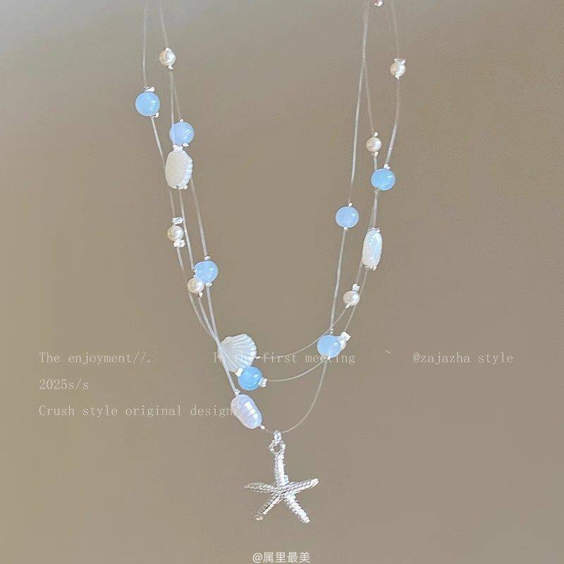 Starfish shell pearl necklace for women on the beach vacation style stacked collarbone chain unique 2025 new atmosphere accessories
