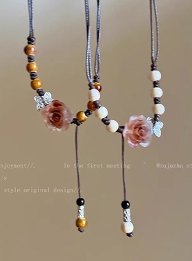 陶瓷玫瑰花编织项链女2024年新款