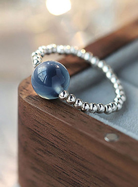 蓝色溏心玛瑙银戒，925银素圈