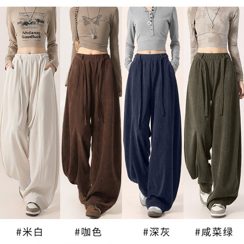 美拉德咖色裤子女2025秋冬高腰宽松慵懒松弛感加绒阔腿弯刀裤大码 - 图1
