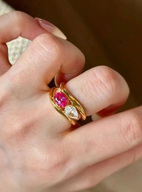 波浪红刚玉双色彩钻开口戒指女金色小众指环时尚轻奢高级感ins风