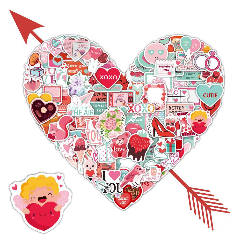 100枚卡通情人节婚礼结婚涂鸦红色爱心贴纸汽车手机壳笔记本电脑机箱桌面手机壳电动车行李箱玻璃门个性创意