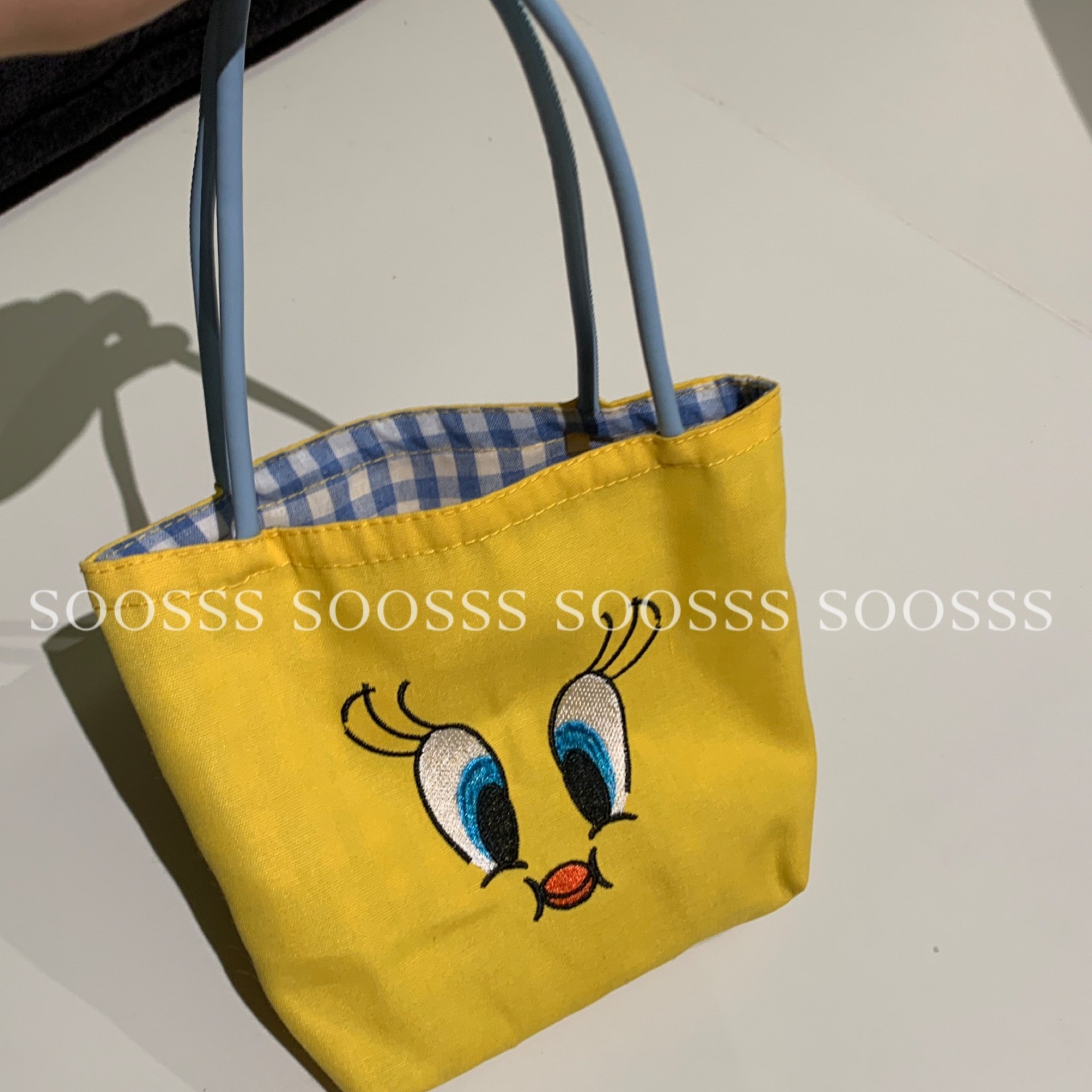Soosss可爱黄色翠儿崔弟海盐格子包夏天百搭手提单肩包刺绣小鸟,淘宝优惠券,粉丝福利购,淘宝优惠卷