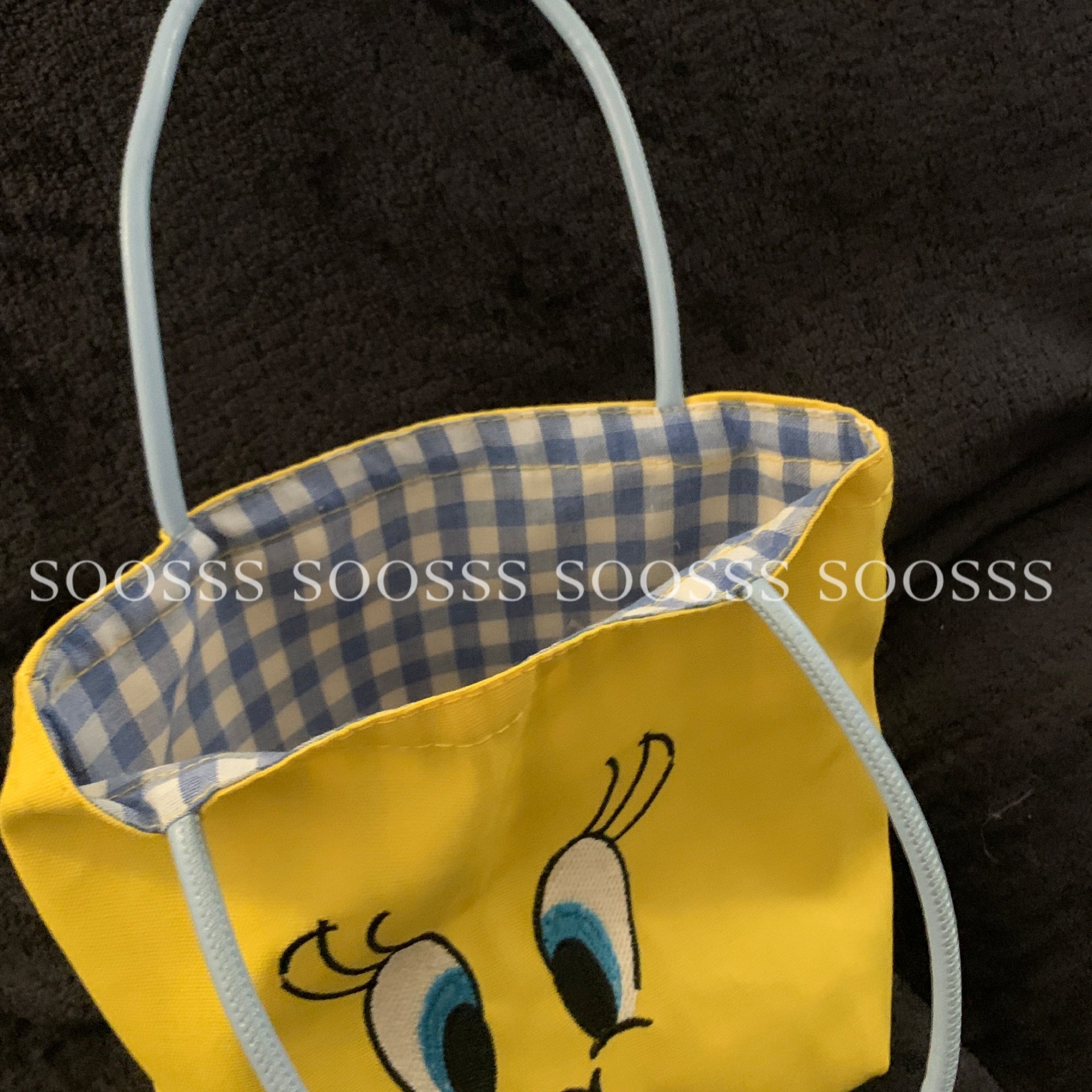 Soosss可爱黄色翠儿崔弟海盐格子包夏天百搭手提单肩包刺绣小鸟,淘宝优惠券,粉丝福利购,淘宝优惠卷