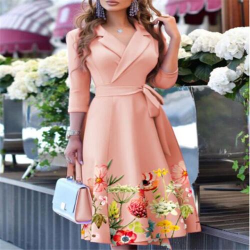通勤OL风西装领蓝色印花绑带收腰七分袖中长版洋装DRESS - 图3